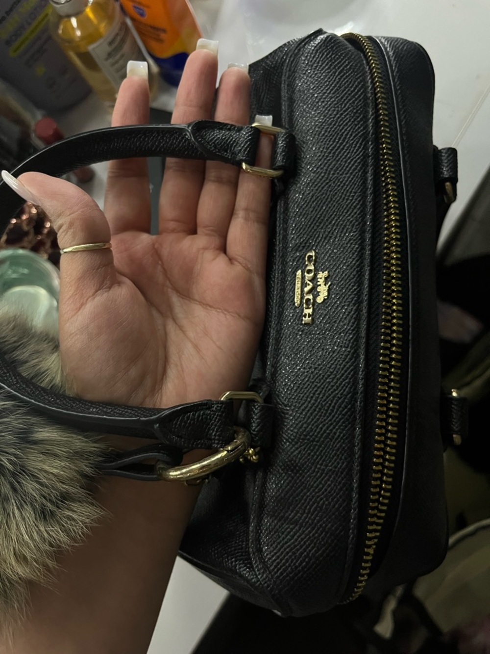 Coach Black Leather Mini Satchel with Furry Pom Charm - Picture 4 of 5